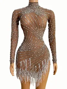 Sexy tan mesh Latin dance dress with sparkling rhinestones, pearls and white fringe