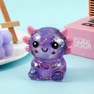 Cute purple glitter axolotl squishy toy for stress relief with slow rebound TPR material
