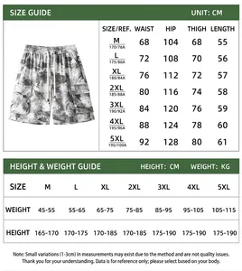 Detailed size chart for tie-dye men's casual sports shorts with CM and KG units.