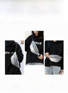 Detail view of silver holographic geometric fanny pack worn as chest and waist bag