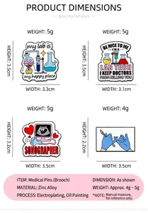 Detailed specifications and sizes for medical and chemistry themed enamel lapel pins