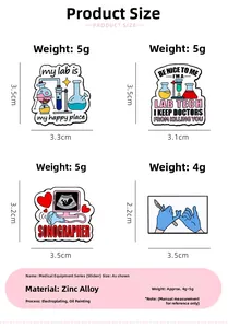 Detailed specifications and sizes for medical and chemistry themed enamel lapel pins