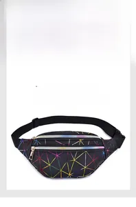 Detailed view of fashionable laser waist bag with vibrant colorful geometric line patterns