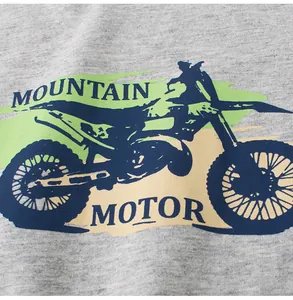 Detail of cool motorcycle graphic print on boys cotton heather T-shirt.