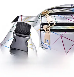 Detail view of golden metal zippers and buckle on holographic laser fanny pack