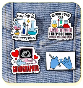 Set of 4 creative medical and lab technician enamel pins pinned on blue denim fabric