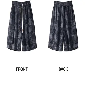 Close-up detail showing the front and back views of tie-dye vintage cargo shorts for men.