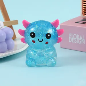 Sparkling blue glitter axolotl squishy toy made of TPR for desktop stress relief