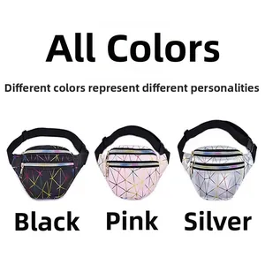 Geometric laser waist bags in black, pink, and silver with adjustable straps