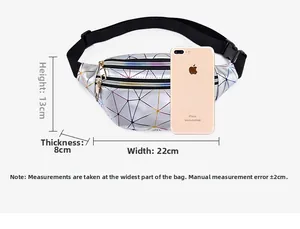 Detailed size guide for a silver holographic waist bag with colorful geometric patterns.