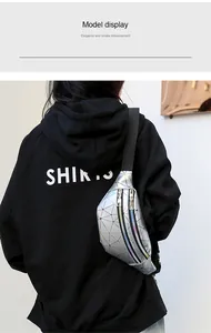 Stylish silver laser waist bag with geometric colorful stitching shown on model back view