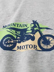 Boys casual gray short sleeve t-shirt featuring mountain motor bike graphic print design