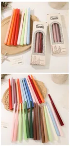 Detail view of colorful 30cm Morandi taper candles for romantic wedding dinner decor