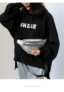Trendy laser geometric pattern waist bag worn by model in a black oversized hoodie