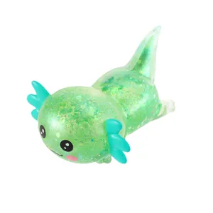 Cute green translucent glitter axolotl squishy toy for stress relief and sensory play