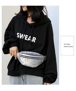 Iridescent laser geometric fanny pack shown on a model for casual and athletic wear