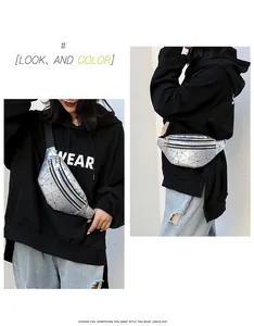 Geometric silver holographic waist bag for women shown as a crossbody chest bag