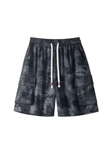 Retro tie-dye men's cargo shorts with drawstring elastic waist and side cargo pockets