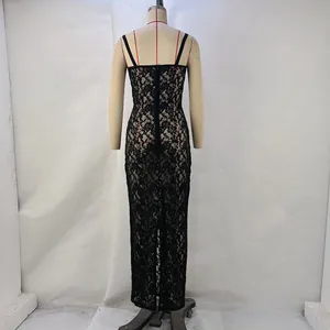 Back view of sexy black sheer lace slim maxi dress for women summer