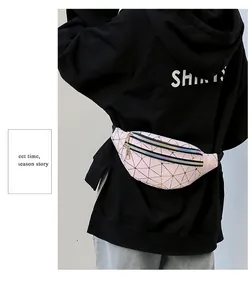 Stylish pink geometric pattern waist bag for women featuring colorful rainbow zippers