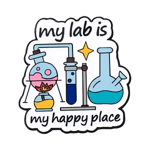 Cute chemistry enamel pin badge with lab equipment and my lab is my happy place text