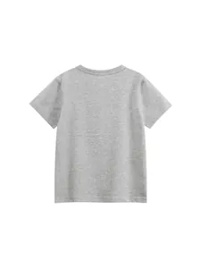 Back view of a classic heather grey short-sleeve cotton T-shirt for young boys