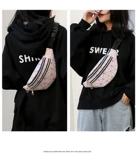 Fashionable pink laser fanny pack with geometric line patterns and rainbow zippers