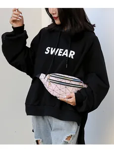 Close-up of a pink geometric laser waist bag with vibrant rainbow zippers for women's fashion.