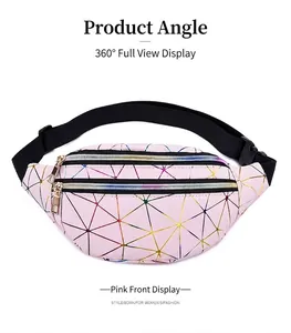 Close-up of pink fanny pack with geometric colorful holographic pattern