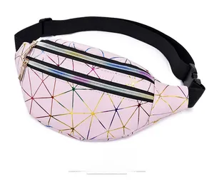 Fashionable pink holographic geometric waist bag with double zippers for women outdoors
