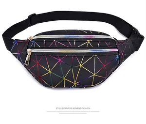 Close-up of black waist bag featuring vibrant rainbow geometric line pattern and zippers