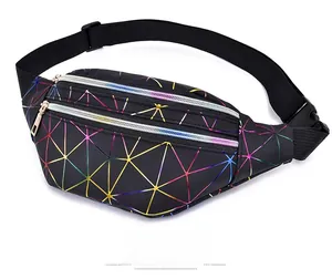 Stylish black fanny pack with colorful geometric line pattern and dual zipper pockets