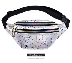 Stylish silver holographic fanny pack with geometric rainbow lines and golden zippers