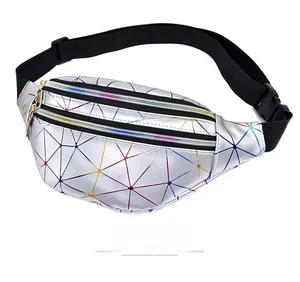 Slight side view of silver holographic geometric fanny pack with black strap