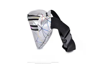 Detailed side profile of silver fashion waist bag with holographic geometric pattern