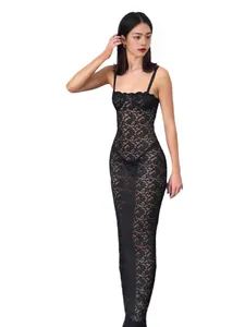Elegant black sheer floral lace maxi dress with spaghetti straps for summer parties