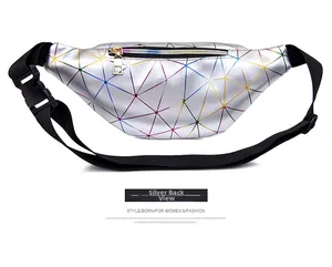 Detailed back view of silver laser waist bag featuring a rainbow geometric pattern