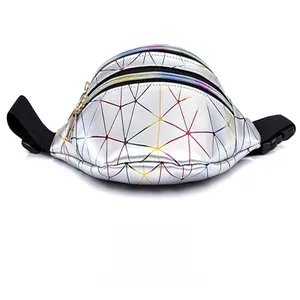 Silver women's fanny pack with colorful geometric pattern and adjustable waist strap.