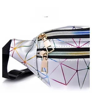 Detailed macro shot of a geometric holographic fanny pack with rainbow zippers