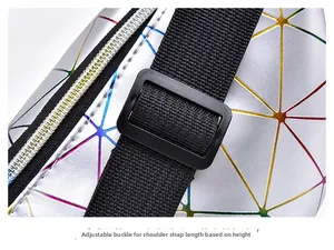 Detailed shot of silver laser geometric waist bag with adjustable black strap