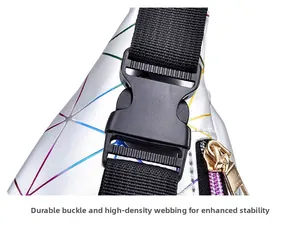 Macro detail of the durable buckle and high-density strap on this holographic waist bag