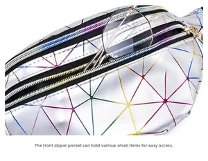 Close-up of geometric laser waist bag front pocket showing storage for glasses.