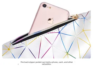 Close-up view of the secure back zipper pocket on an iridescent geometric crossbody bag