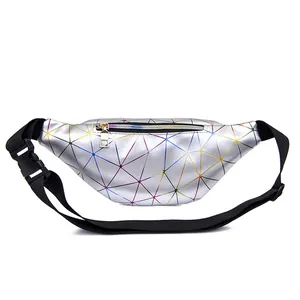 Silver metallic fanny pack with colorful geometric line patterns for women