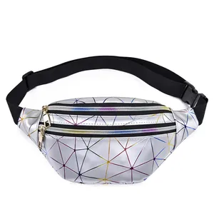 Fashion silver laser waist bag with colorful geometric lines and two zipper pockets