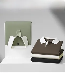 Close-up view of multi-colored men's Polo shirts with contrasting white rib collars