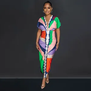 Detailed front view of fashion V-neck printed long dress with pleated slit design