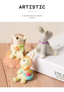Macro view of cute hedgehog, rabbit, and donkey resin figurines for home decor ornaments