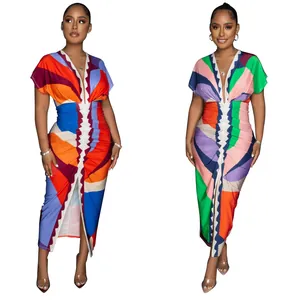 Fashionable colorful V-neck printed ruched maxi dress with front slit for chic women