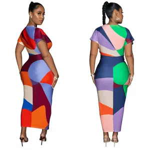 Stylish colorful geometric print V-neck bodycon maxi dress for women with short sleeves